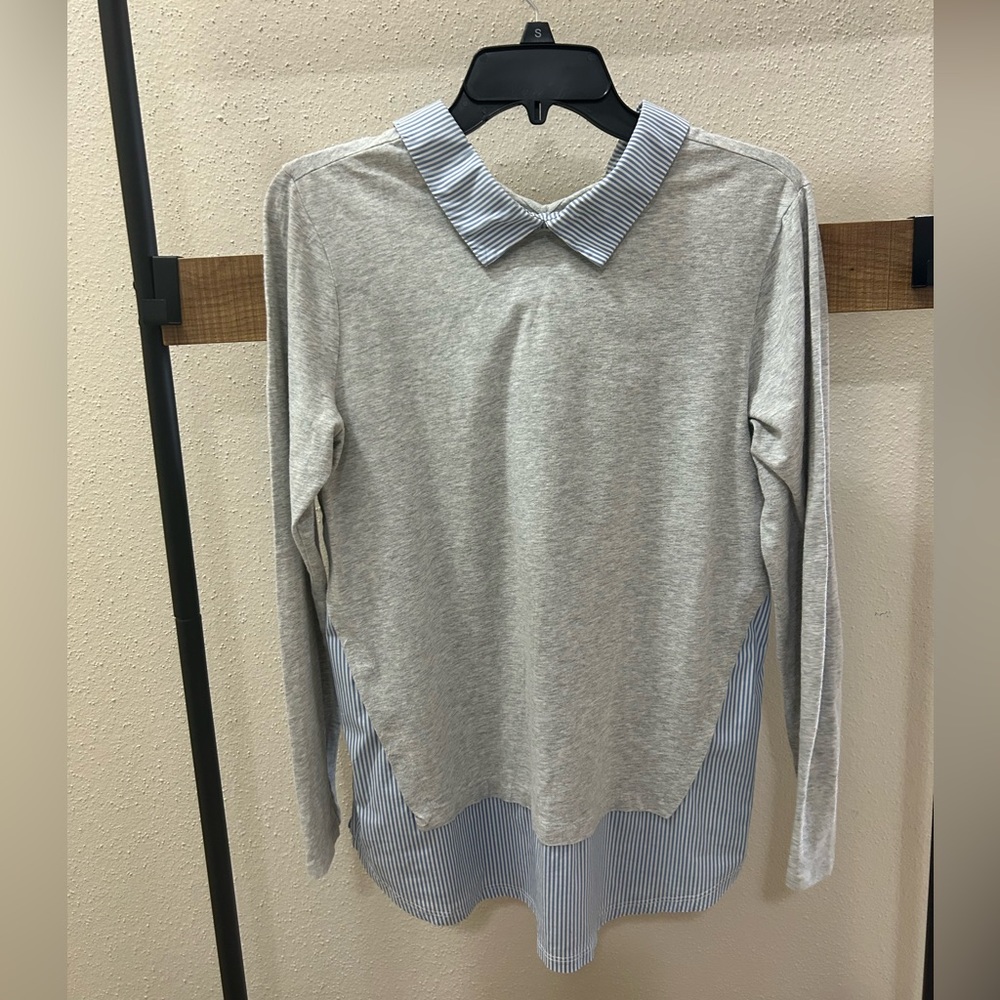 The Limited L size shirt stripes white and blue with gray over shirt.